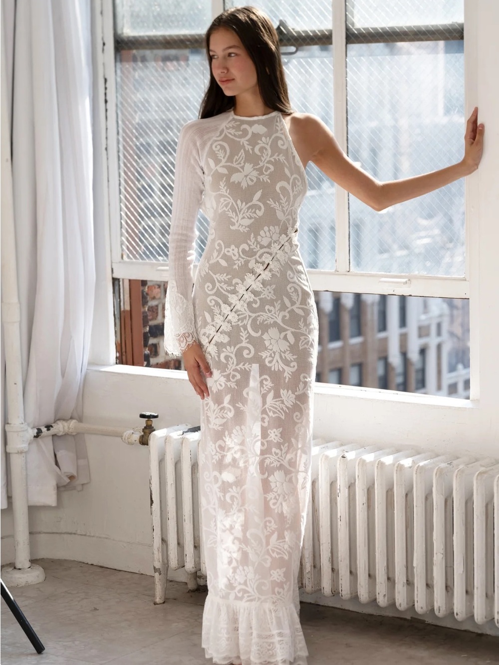 One-Shoulder White Lace Maxi Dress with Asymmetrical Sleeve